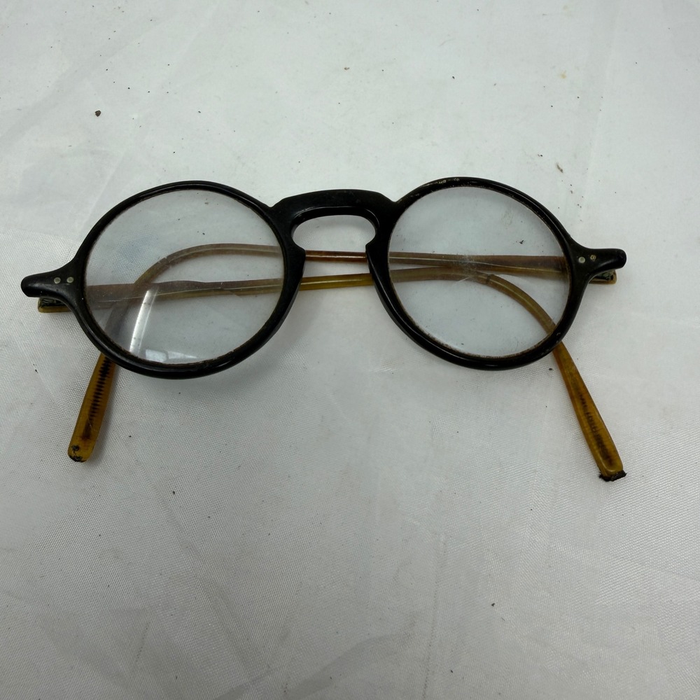 Vintage Round Eyeglasses Black Amber Two Tone Circular Frame Spectacles